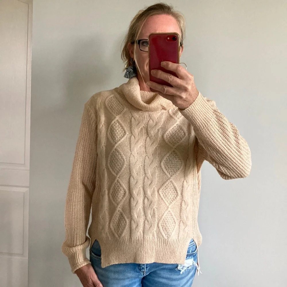 Tan Color Cable Knit Cowlneck Sweater - Picture 3 of 10